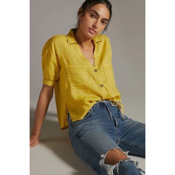 PILCRO Anthropologie 100% Linen Surf Button Down Short Sleeve Shirt Yellow Med - Picture 1 of 13